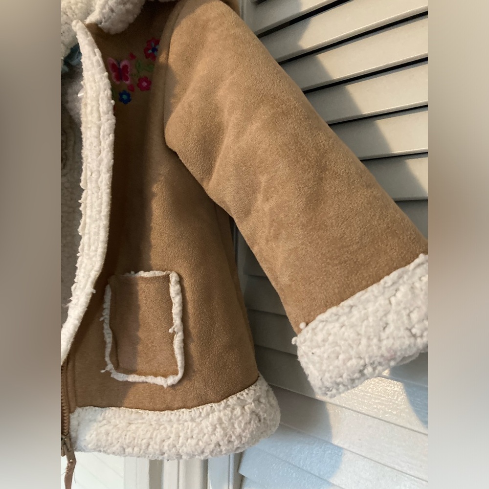 🌵 Little Me Girls Tan Suede Jacket Coat Floral Fleece Hoodie Zipper 18M Warm - Picture 9 of 12